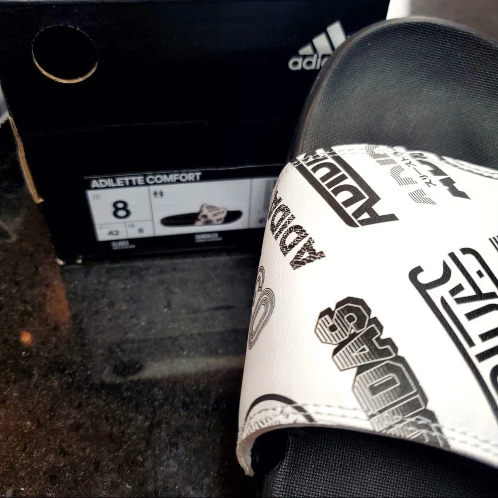 Sz 8 adidas slides white & black